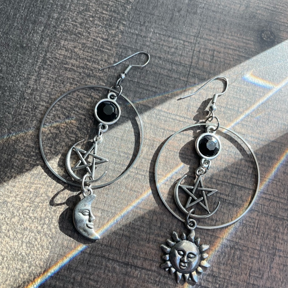 Silver Celestial Earrings with Black Accents